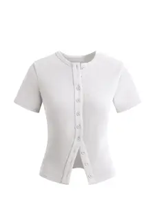 Women's Striped Short Sleeve Ribbed Knit Button Cardigan Top, Elegant Fitted Design, Perfect for Commuting, Dates, Casual Social Gatherings, Knitwear