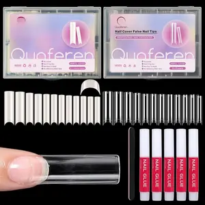 480PCS Extra Long C Curve Nail Tips and Glue, 2 Packs Natural and Clear Acrylic for Nails Professional Set, 12 Sizes Artificial Straight Square French False Nail Tips