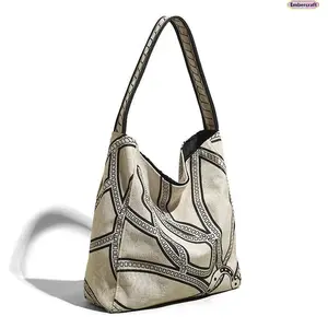Women's High-Capacity Canvas Tote Bags with Pony Print, Waterproof Leather-Accent Linen Shoulder Bag, Lightweight Adjustable-Strap Handbag for Commuting, Casual Use