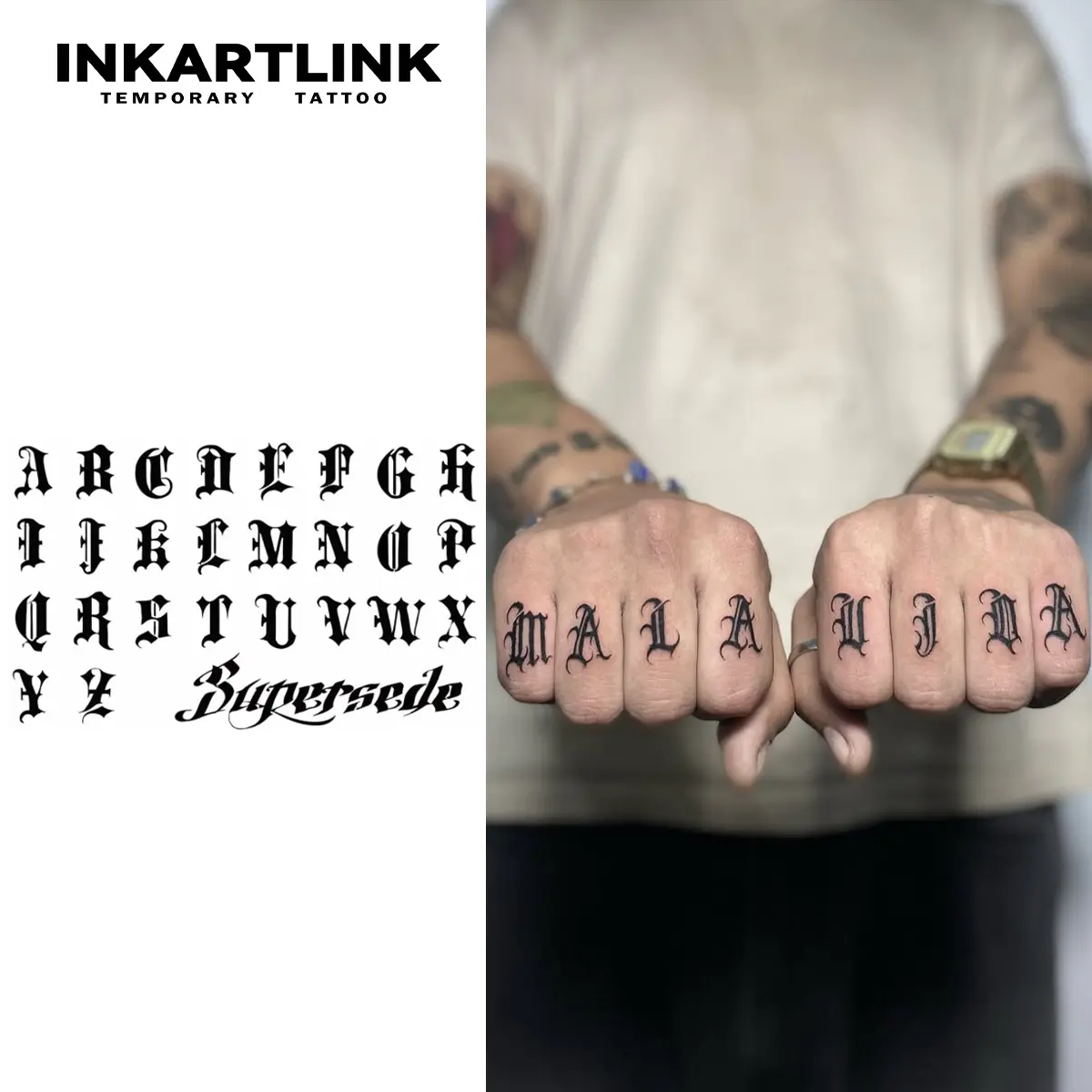 INKARTLINK 2-Piece Gothic Alphabet Semi-Permanent Waterproof Long-Lasting Arm Tattoos for Parties, Adults, All Skin - Beauty & Personal Care Tattoo Art with Inked Aesthetic, Arm Stickers