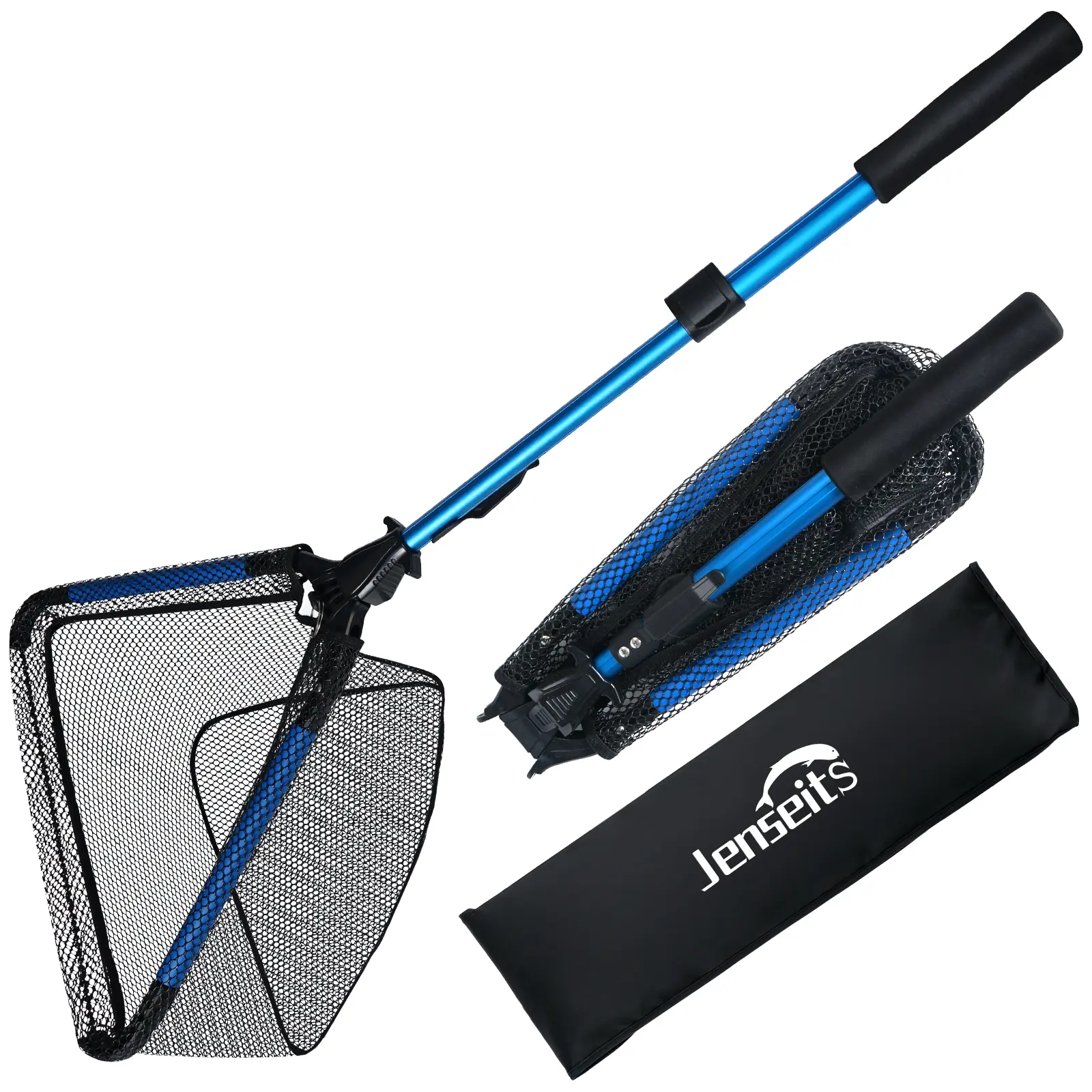 【Summer Wins】Jenseits Foldable Fishing Net with Telescopic Aluminum Handle, Rubber Coated Fish Net, EVA Floating Frame, Lightweight Extendable Net for Kayak Boat Bass Trout Fishing, Great Gifts for Men