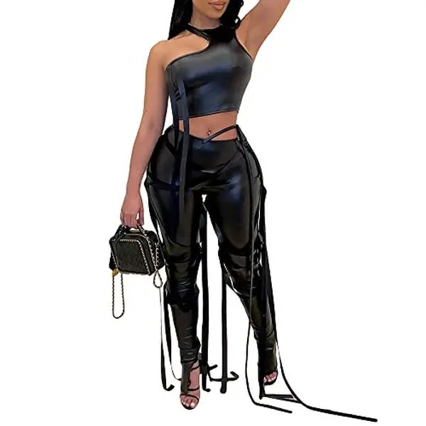 MESLIMA Sexy 2 Piece Outfits for Women - PU Leather Sleeveless Irregular Tank Top Bandage Leggings Set Tracksuits Black 2XL