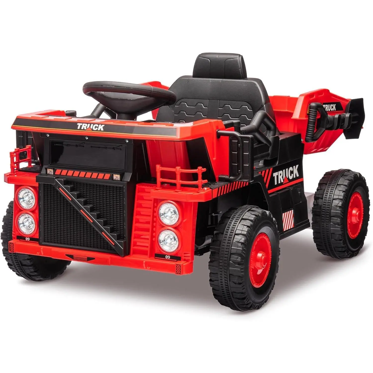 GARVEE 12V Ride On Dump Truck with Remote Control, Electric Dump Bed, Shovel, Music Player, Adjustable Speeds, and Four-Wheel Shock Absorption in Red