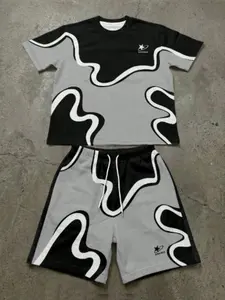 Summer 2-Piece Set for Men, Casual Patchwork T-Shirt & Shorts, Short Sleeve, Above the Knee, All over Print, Perfect for Summer