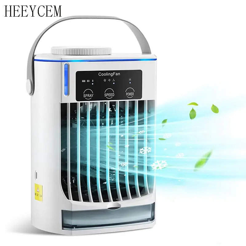 Convenient fan USB plug-in three speed mini air cooler, portable desktop fan with atomization cooling and blue light ambient light suitable for home office and dormitory use