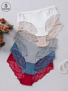 5 pack women mid rise Everyday panties lace floral design knit soft breathable fresh fitted no digging Underwear