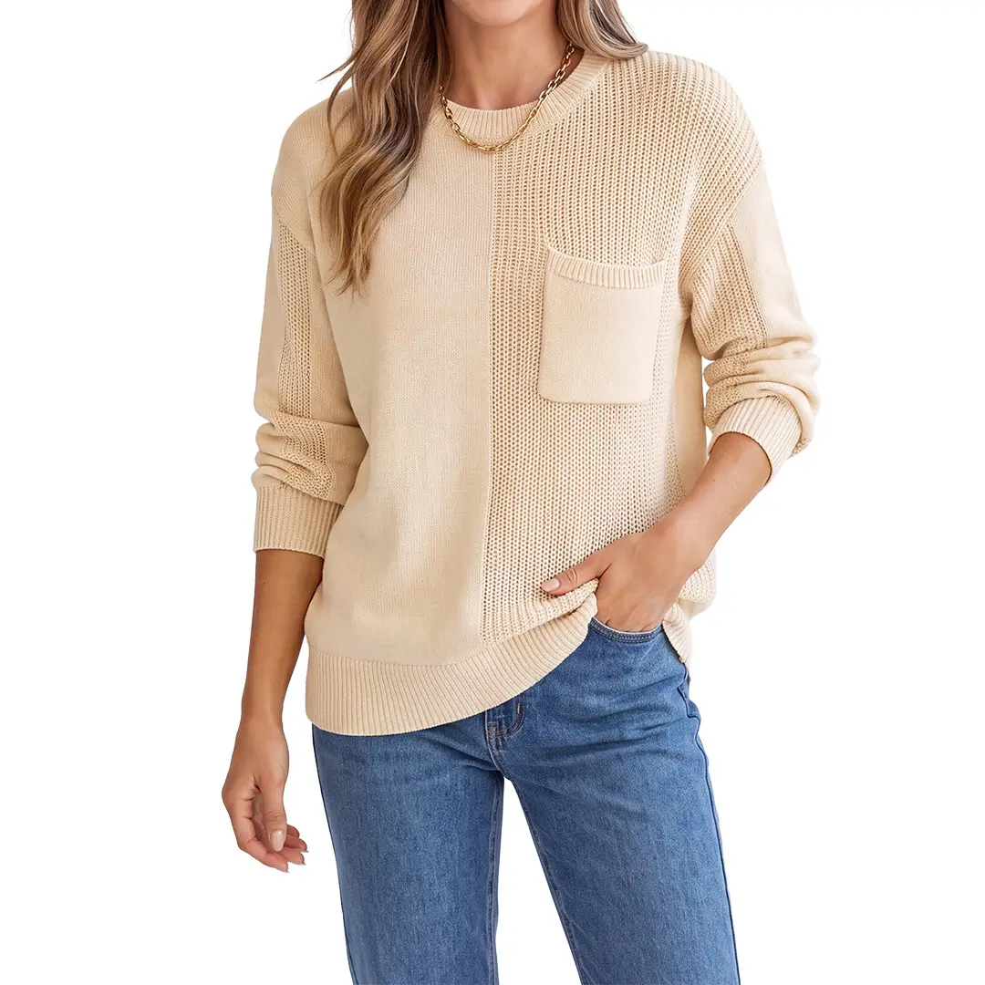 Shewin Women's Casual Knitted Pullover Sweater, Minimalist Long Sleeve Crewneck with Drop Shoulder and Patch Pocket, Cotton, Fabric, Ribbed, Knitwear