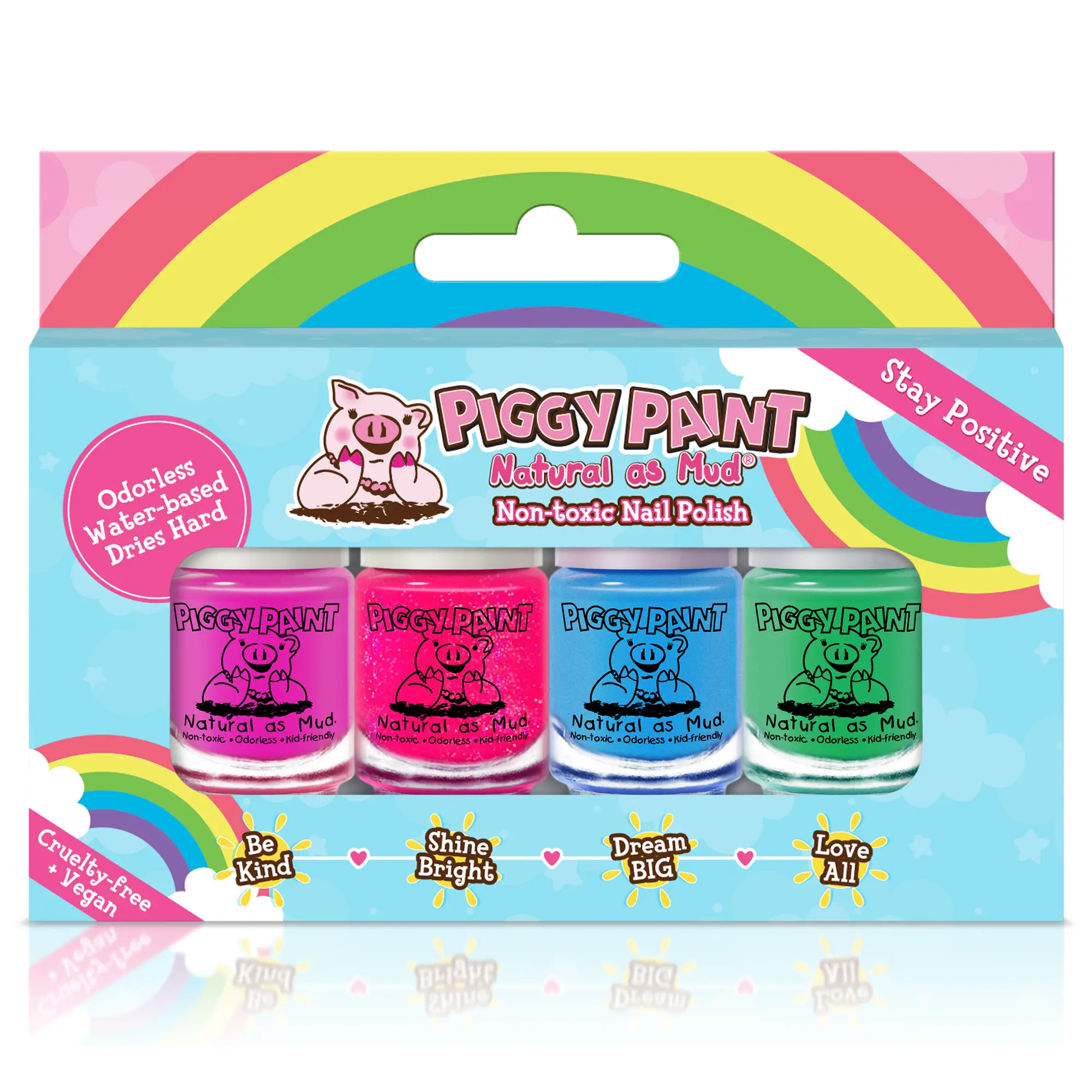 Piggy Paint Stay Positive Rainbow Assortment Kit Nail Polish Multi-Pack - 4 Mini Kids' Polishes - Odorless, Water-based, Non-toxic - Fairy Berry, Neon Lights, Rainbow, Shine - Vegan, Cruelty-free