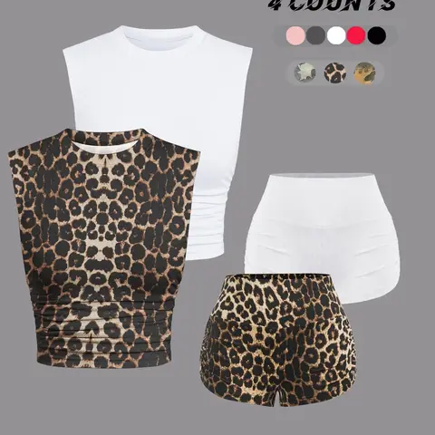 Women's Camo Print Crop Tank Top & Skinny Shorts Set Outfit, Casual Sleeveless Round Neck Top & Shorts for Daily Wear, Ladies Summer Clothes Fit Essential, Matching Set Summer