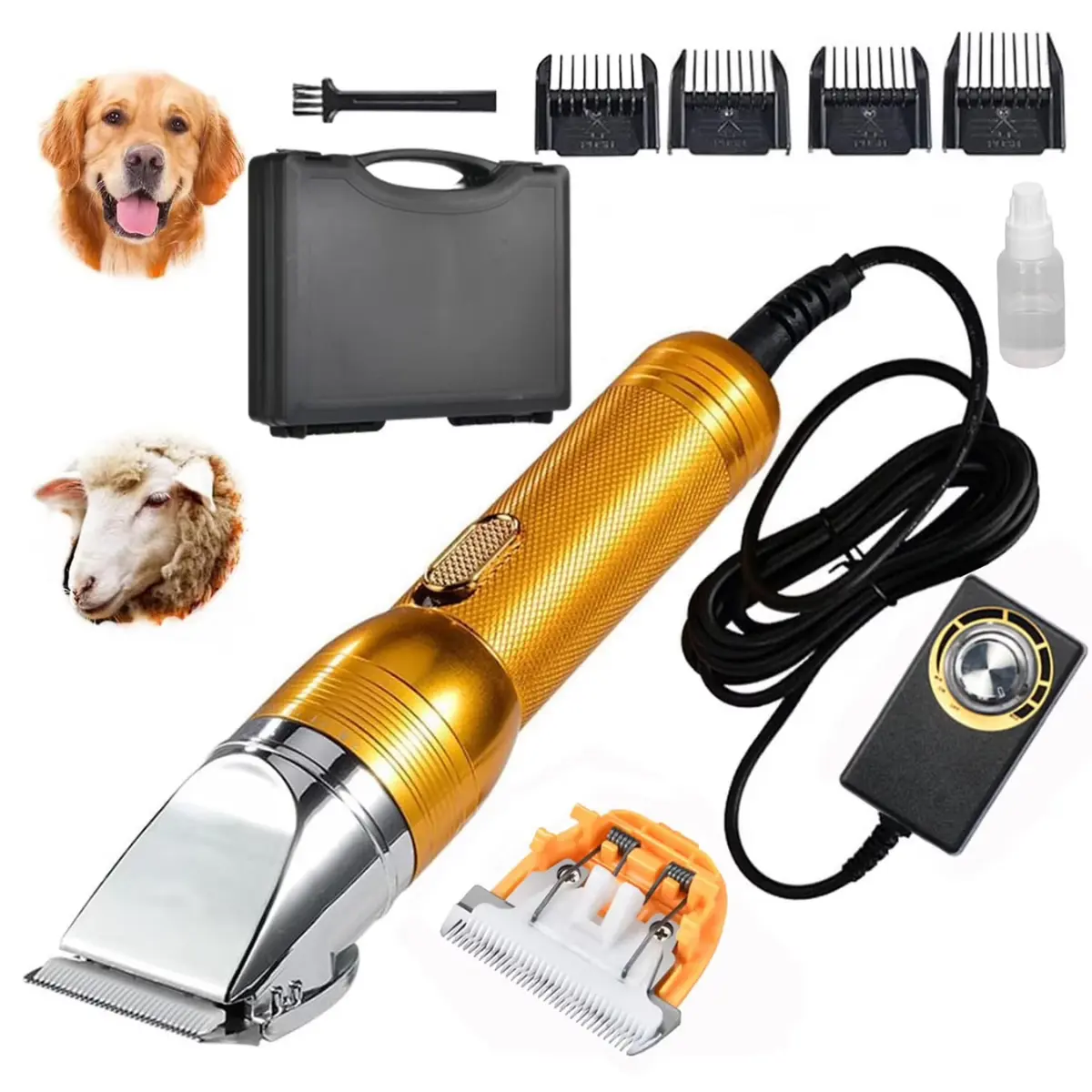 380W Heavy Duty Copper Motor Electric Dog Grooming Clippers for Thick Coats - Professional, Quiet Cut, Anti-Overheat, Low Noise - 2 Blades, Storage Case (Gold) - For Large Dogs, Two Blades