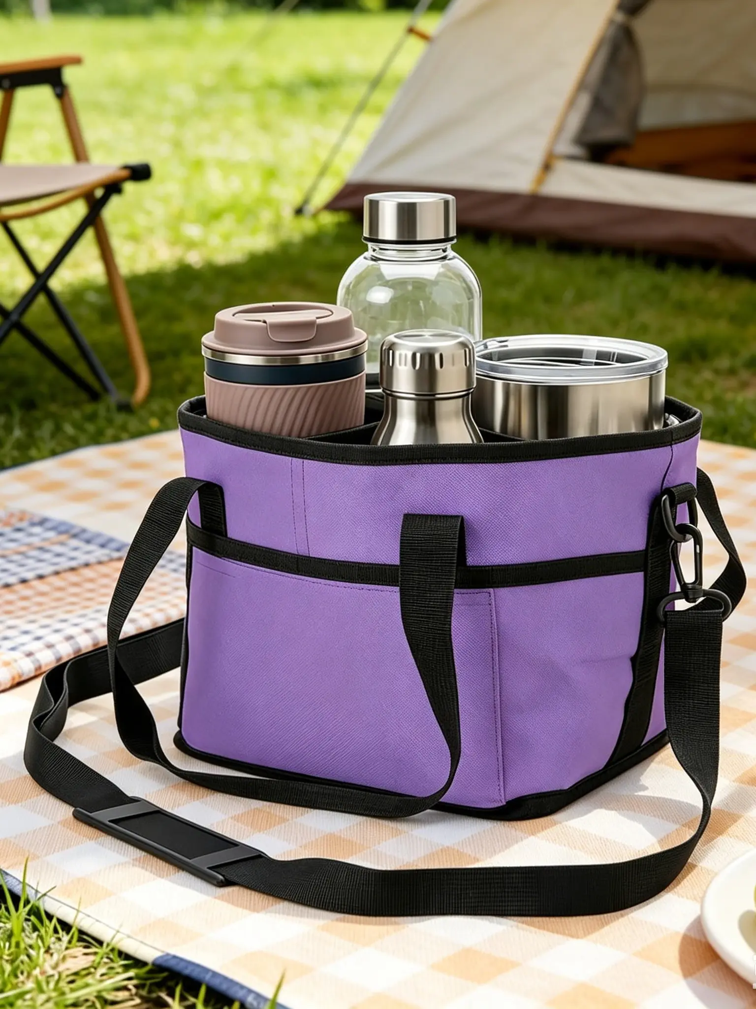 Family-Sized Four-Compartment Beverage Bag, Multi-Purpose Storage Bag for Cups and Coffee Mugs, Portable Insulated Beverage Tote Bag, Suitable for Travel, Reusable Multi-cup Carrier, Black and Purple Cooler Pouch