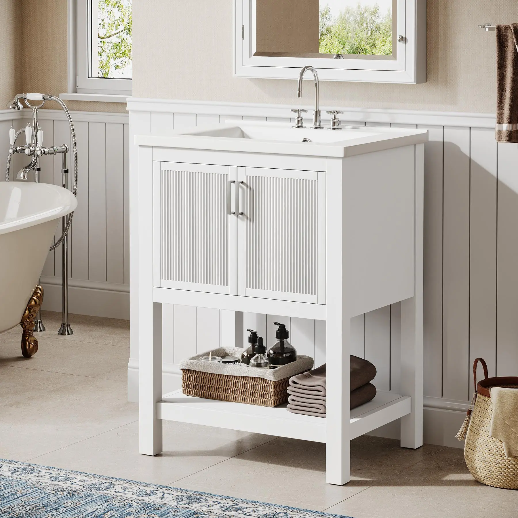 LITTLE TREE 24" Bathroom Vanity with Sink, Solid Wooden Frame Freestanding Vanity with Ceramic Porcelain Basin, 2-Door Storage Cabinet & Open Shelf for Small Bathroom, Industrial