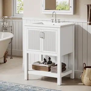 LITTLE TREE 24" Bathroom Vanity with Sink, Solid Wooden Frame Freestanding Vanity with Ceramic Porcelain Basin, 2-Door Storage Cabinet & Open Shelf for Small Bathroom, Industrial