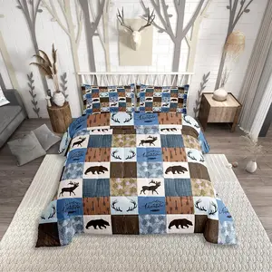 Feelyou Rustic Deer Theme Bedding Set - Checkered Plaid Quilt, Bear Patchwork Comforter, Woodland Wildlife Moose Duvet Insert for Adults