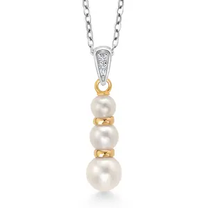 925 Sterling Silver and 10K Yellow Gold 4.5-5MM Cultured Freshwater Pearl and White Lab Grown Diamond Pendant Necklace For Women with 18 Inch Chain