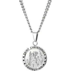 FINREZIO SAINT CHRISTOPHER Men women Necklace 3.5mm Stainless Steel Penant Necklace Curb Link Chain 22-24 Inches Daily