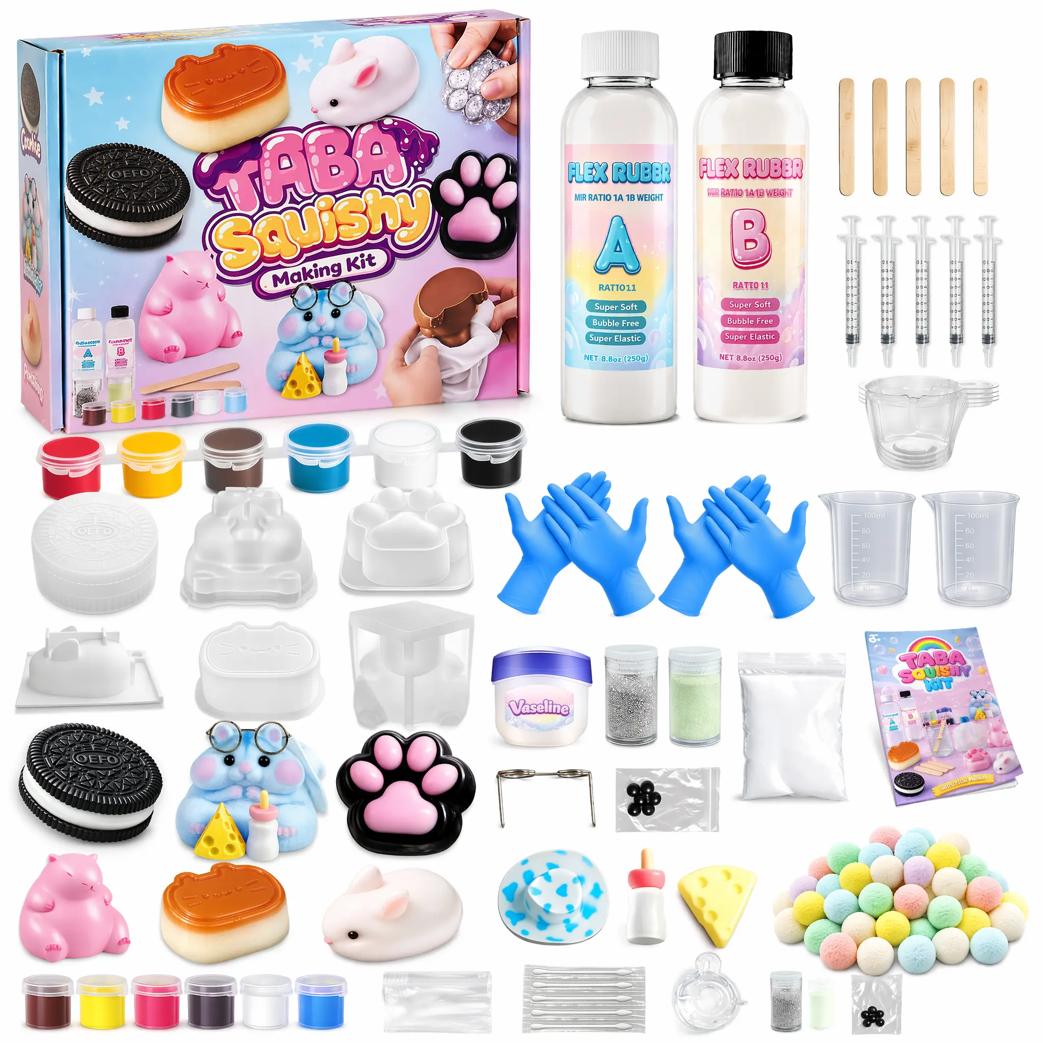 Taba squishy making kit for kids – all-in-one beginner set with 16 oz silicone gel, Christmas gifts, hamster/capybara/rabbit/cat paw/Oreo molds, flocking powder – ideal gift for family-friendly imaginative play.
