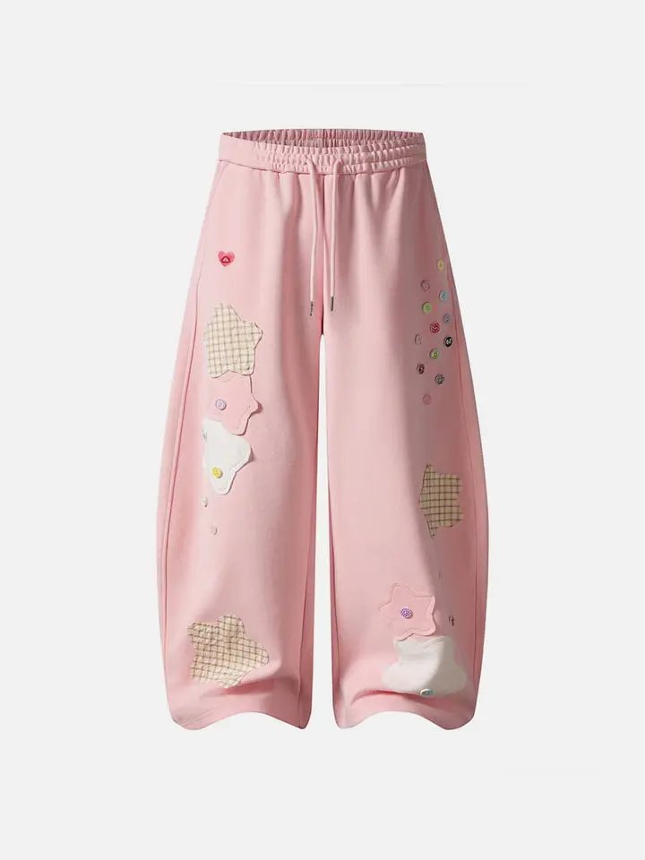 Aelfric Eden Star Patch Baggy Barrel Sweatpants High Waist Balloon Barrel Silhouette Star Patchwork & Button Detail Drawstring Elastic Waist Soft Fabric Sweet Girl Streetwear Unisex Bottoms,back to school shopping