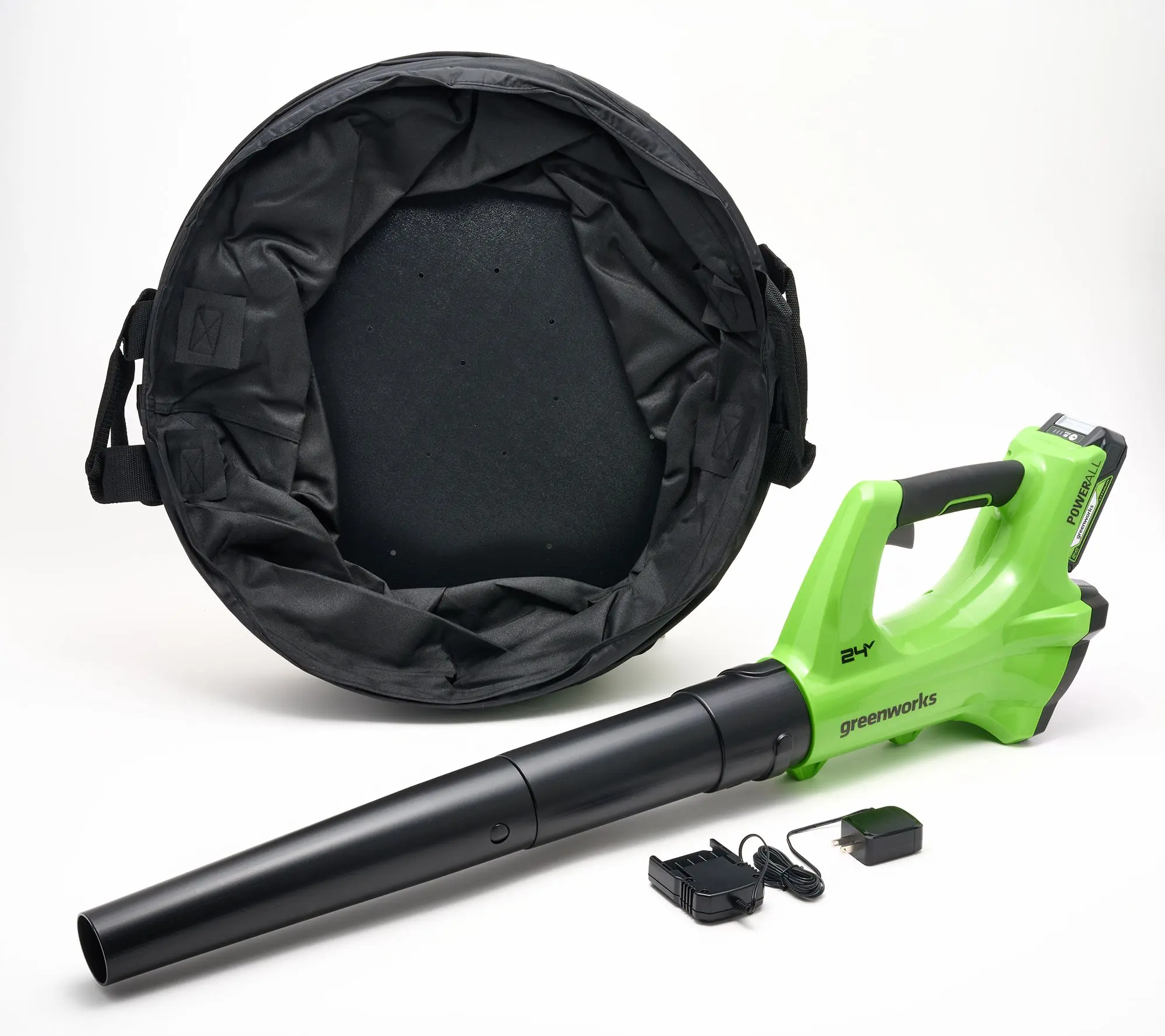 Greenworks Powerall 24V Blower with Leaf Clipping Bag & Battery Greenworks Powerall 24V Blower with Leaf Clipping Bag & Battery