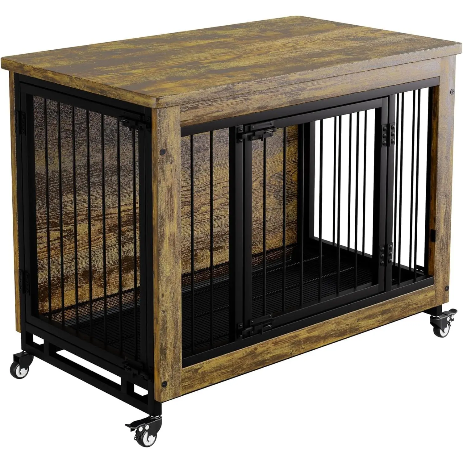 38 Inch Rustic Dog Crate Furniture with 3 Doors and Locking Wheels, Wooden Heavy-Duty Indoor Kennel with Removable Tray for Small and Medium Dogs, Easy-Clean Side Table or Nightstand Style Design house  modern dog kennel