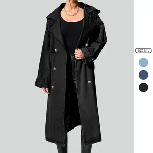 Imily Bela Women's Long Double Breasted Denim Jacket Oversized Button Down Maxi Jean Coat Classic Lapel Outercoat
