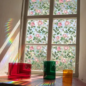 Rose Flower Pattern Static Window Sticker, 1 Count Self Adhesive Static Cling Stained Glass Window Film, Decorative Sticker for Home Living Room & Bedroom, Floral Stickers