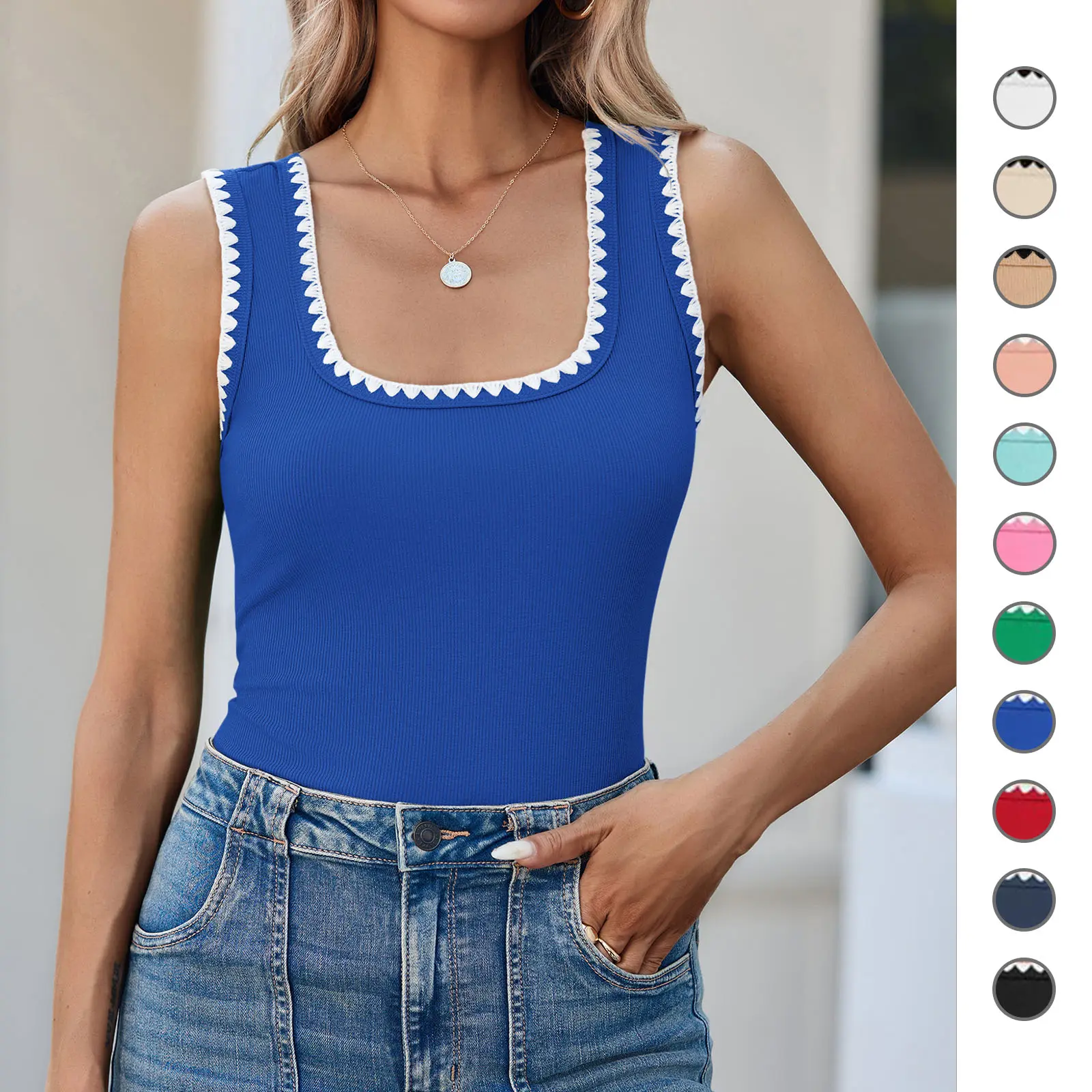 Yousify Women's Square Neck Tank Tops 2026 Summer Sleeveless Shirts Casual Slim Fitted Color Block Ribbed Tanks for Vacation Beach Home Workout Daily Wear Cute Womenswear,back to school,back to school shopping, Comfortable, Cotton
