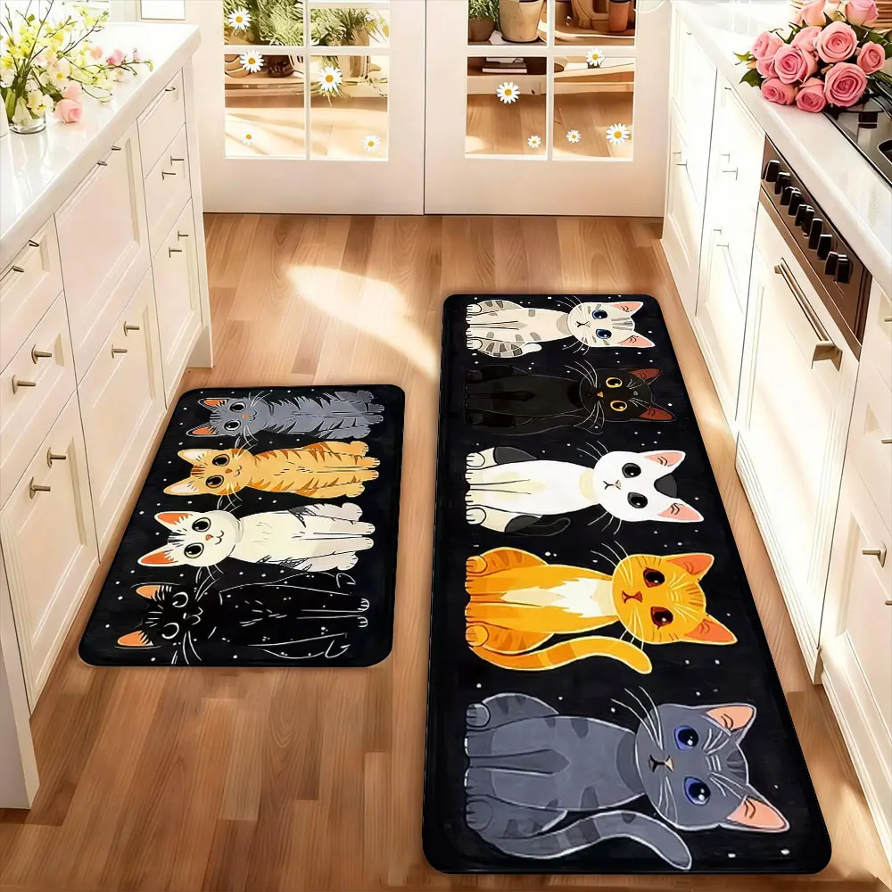 2 count 2-Piece Cat Style Kitchen Rug Set, Washable Non-Slip Low Profile Mats for Kitchen Laundry Hallway Decor, Spring Summer Home Accessories, Kitchen Rugs Sets, Home Decorative Rugs, Floor Rugs