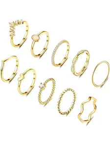 Pack of 10 Rings Gold Set Women's Stackable Waterproof Ring 14 Carat Gold-Plated Ring with Cubic Zirconia Opal Thumb Ring Finger Ring Ankle Rings Stacking Rings Jewellery for Women
