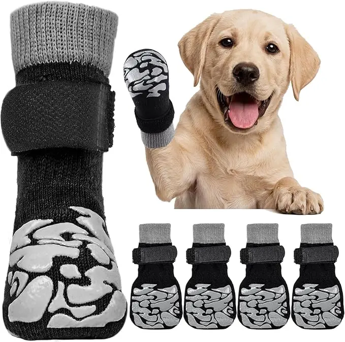Kuoser Non-Slip Dog Socks, 4 Pcs Socks to Prevent Licking Paws, Paw Protectors for Hot Pavement, Hardwood Floors, Traction Control for Small, Medium, Large Dogs