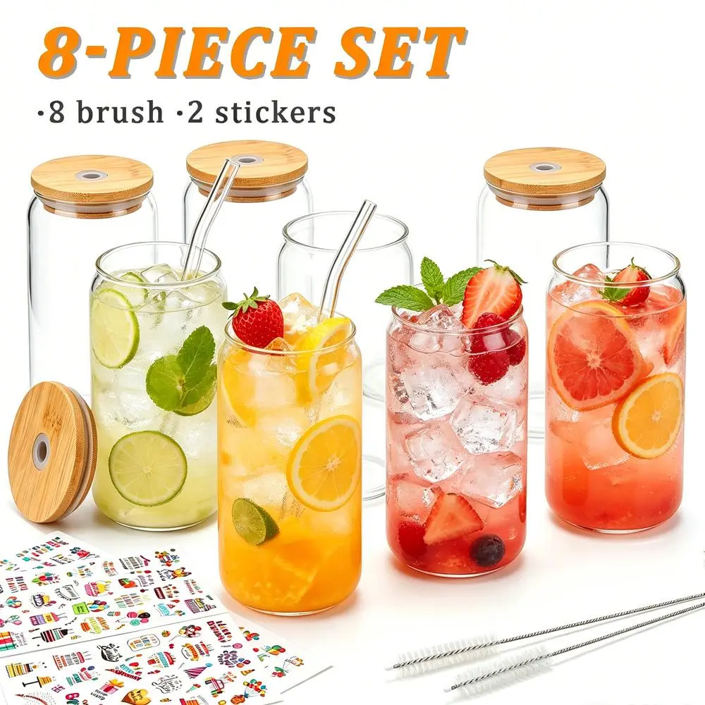 Insulated Bamboo Tumbler Set - 8-Piece Transparent Reusable Can Glass Bulk Pack, Cost-Effective Car Interior Decoration Accessory for Home & Small Cafe
