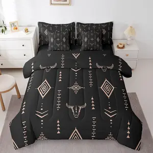 Feelyou 7-Piece Queen Bedding Set, Boho Bull Skull Microfiber Bedroom Bedding with Ethnic Horns, Black Brown Tribal Symbols and Mysterious Aztec Geometry Bed-in-a-Bag Comforter, Bedroom Bedding Set, Queen Bedding Sets