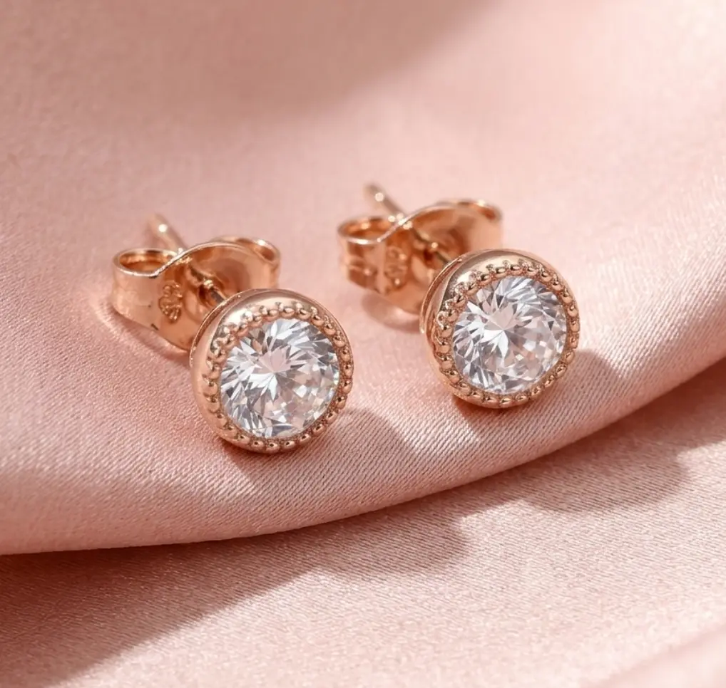 #4251 Rose Gold Plated Bezel Milgrain Round Cut CZ Stud Earrings-NO CANCELLATION