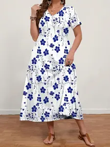 Plus Size Women's Summer Vacation Floral Print Knit Dress, Casual Short Sleeve Full Body Pattern, Comfortable Holiday Wear