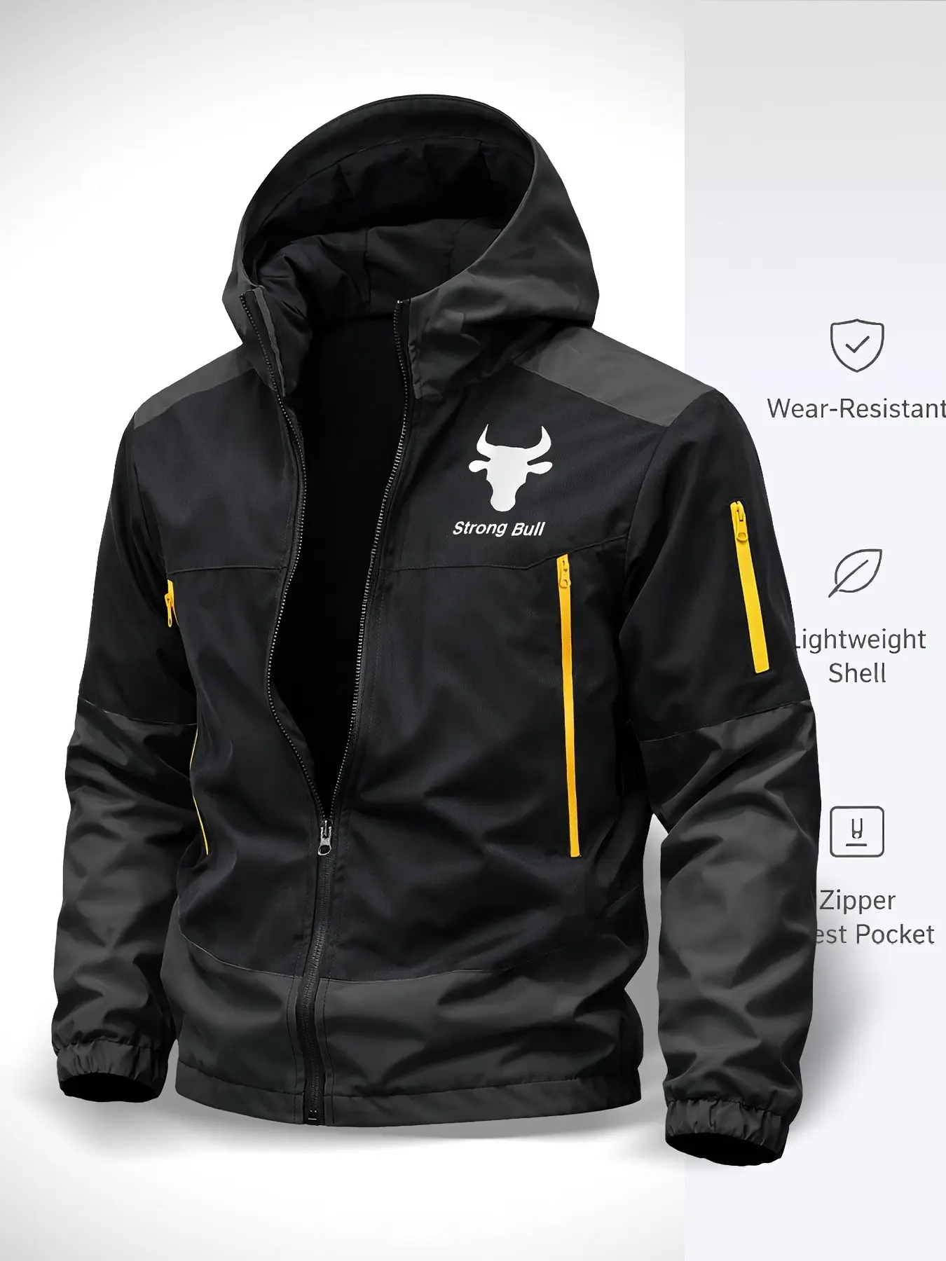 Men's Colorblock Waterproof Hooded Sports Jacket, Bull Print, Outdoor Windproof Durable, Hiking Running Casual Raincoat