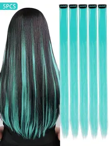 5PCS Cadet Blue Clip-In Hair Extensions – Long Straight 20 Inch Synthetic Strands for Women, Add Instant Color for Parties & Seasonal Events