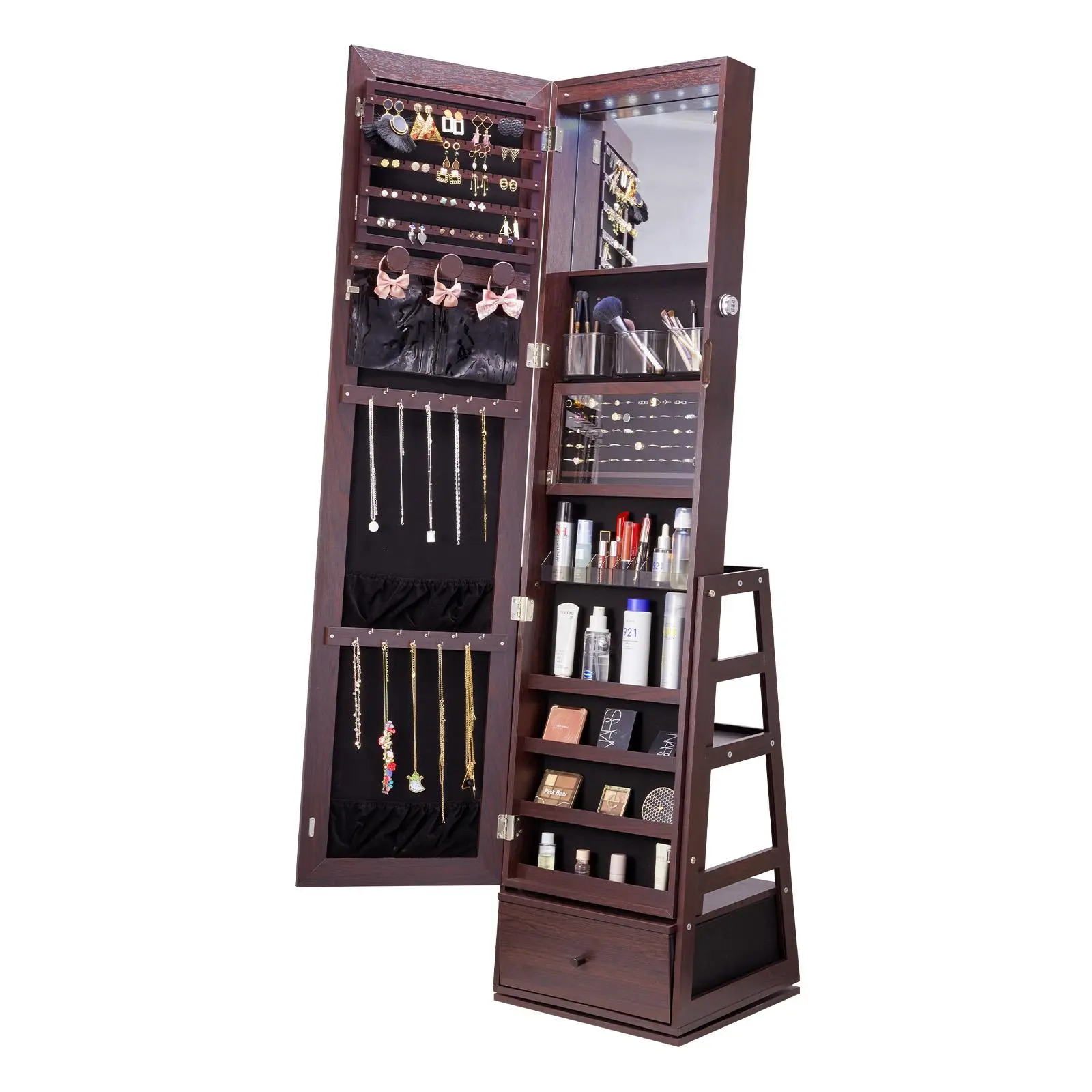 VEVOR Mirror Jewelry Cabinet,  360° Swivel Standing Mirror with Storage, Lockable Jewelry Mirror Organizer with Full Length Mirror, Velvet Lining, LED Light, Drawer, Freestanding Jewelry Armoire, Brown
