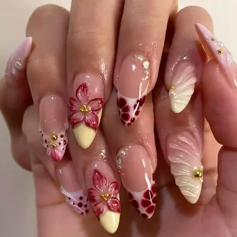 24pcs Gradient 3D Flower Almond Press on Nails, Gold Pearl French Design, Removable Nail Art Set, Short Glossy Nails, Nail Designs, Kawaii Nails, Decorative Nails