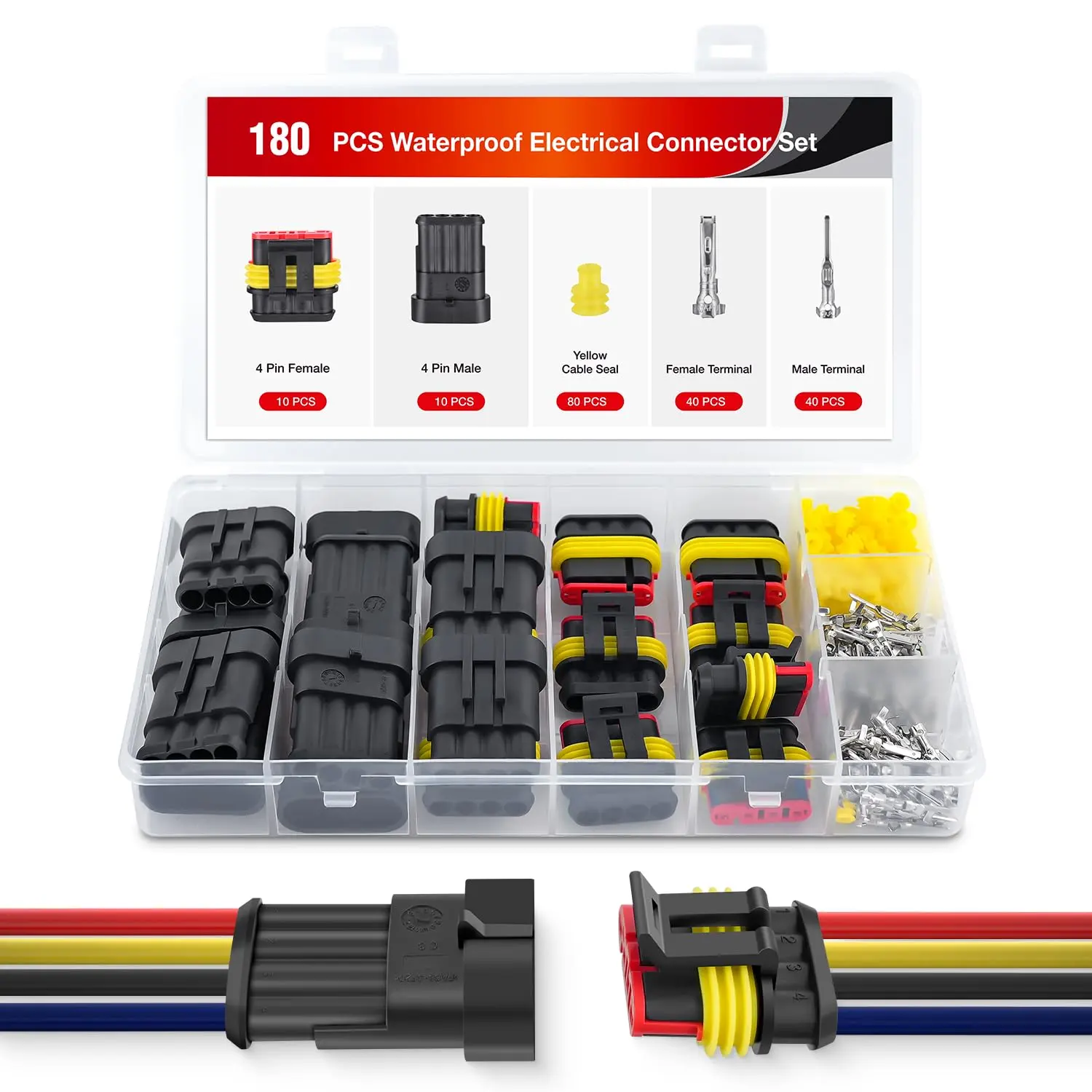 Nilight 180PCS 4-Pin PA66 Nylon Electrical Connector Set - IP67 Waterproof Protective Durable Reliable Connectors, LED-Compatible Male-Female Terminal Wires with Seal, 10 4-Way Jacks for Car, Marine Use, Waterproof Protective Connectors