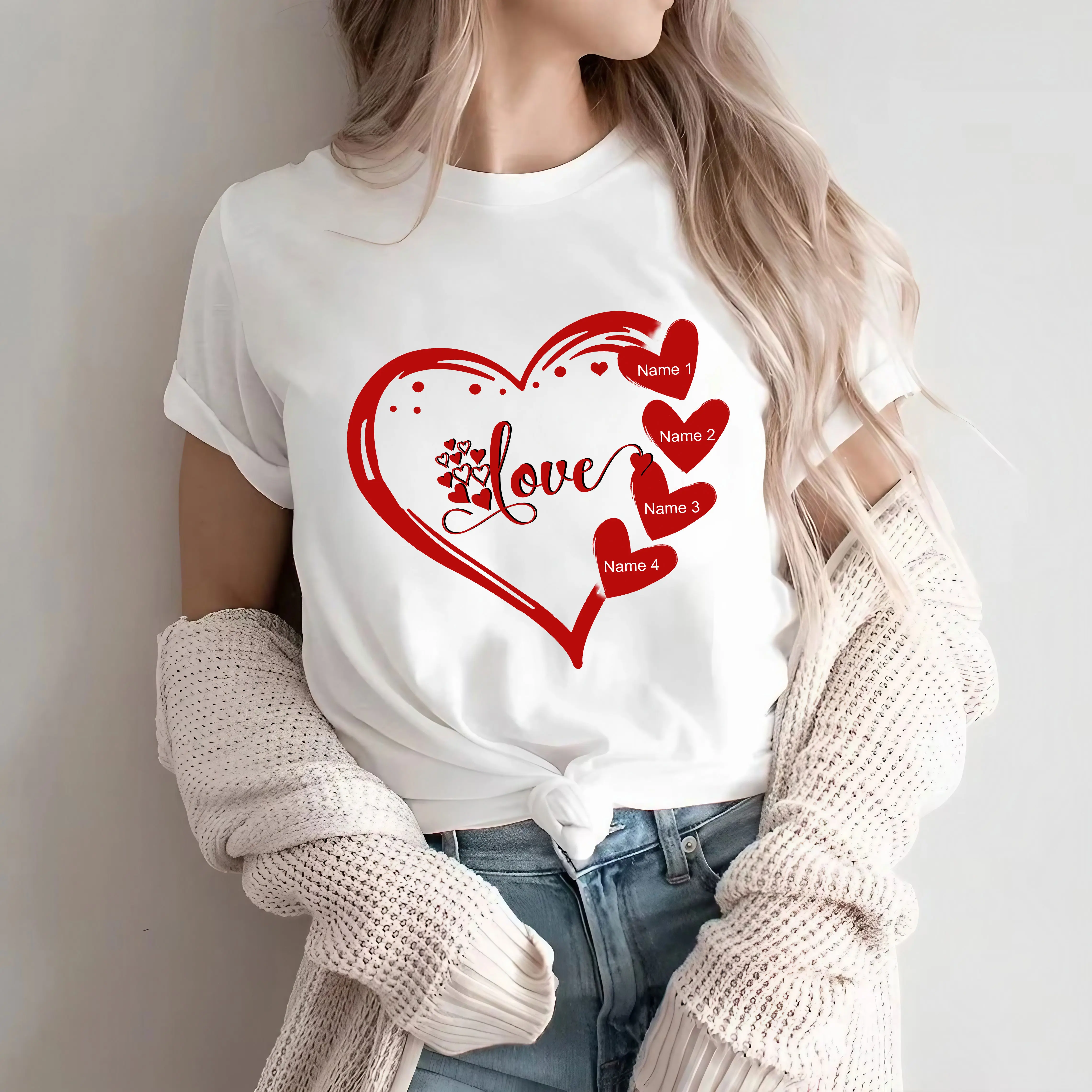 Personalized Love Heart Shirt with Names, Custom Up To 4 Hearts T-Shirt, Funny Valentine's Day Tee Gift For Couple Her Wife Girlfriend Short Sleeve Tshirts