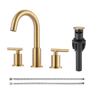 WOWOW 8-in Widespread Double-Handle High Arc Stainless Steel Bathroom Sink Faucet, 3-Hole Modern Brushed Gold Fixture with Faucet Aerator, High Arc Faucet