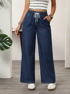 Women's Drawstring Elastic Waist Wide Leg Jeans Pants, Summer Loose Fit Slimming Straight Leg Denim Trousers for Women