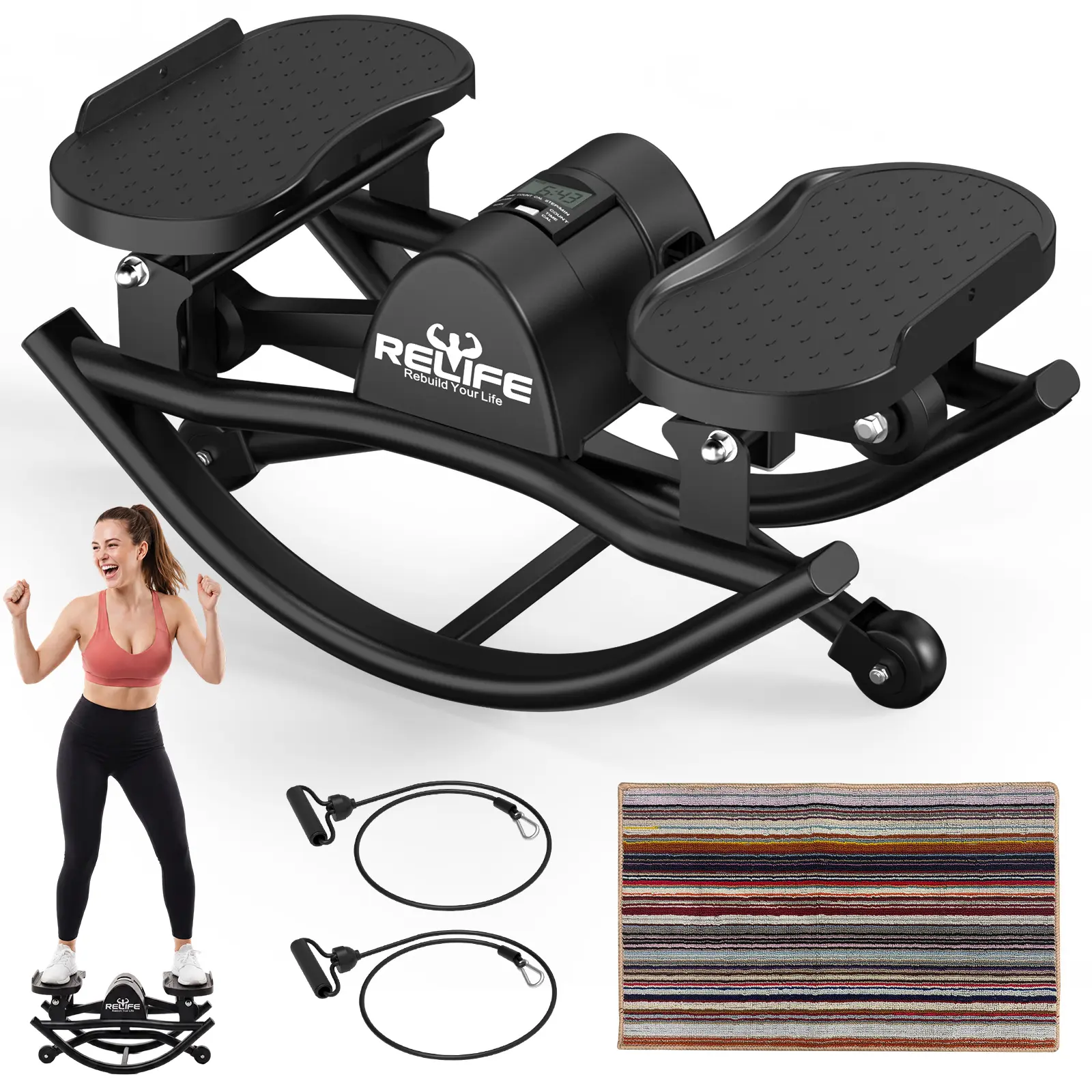 Relife Sports 3D Motion Rocking Mini Stepper Machine for Home Exercise Equipment - 330 LBS Capacity, Resistance Bands, Low-Impact Non Slip Balance Board, Joint Protection, LED Display Fitness Tracking, Stepper Machine Workout, Stair Stepper tiktokshopback