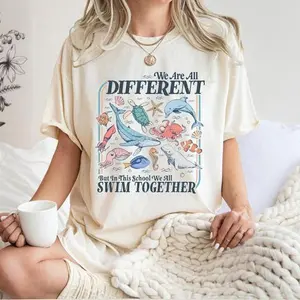 [Sale up to 30%] We Are All Different Swim Together Shirt, Teacher T-Shirt Back to School 2025, Inclusive Ocean Animals Tee