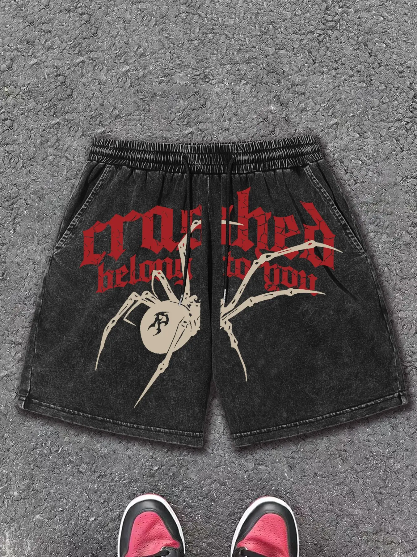 Y2K Streetwear Acid Wash Black Denim Shorts Casual Streetwear Shorts Men's Spider Graphic Gothic Print Baggy Jorts Hip Hop Oversized Harajuku Shorts for Summer Skateboard Outfits