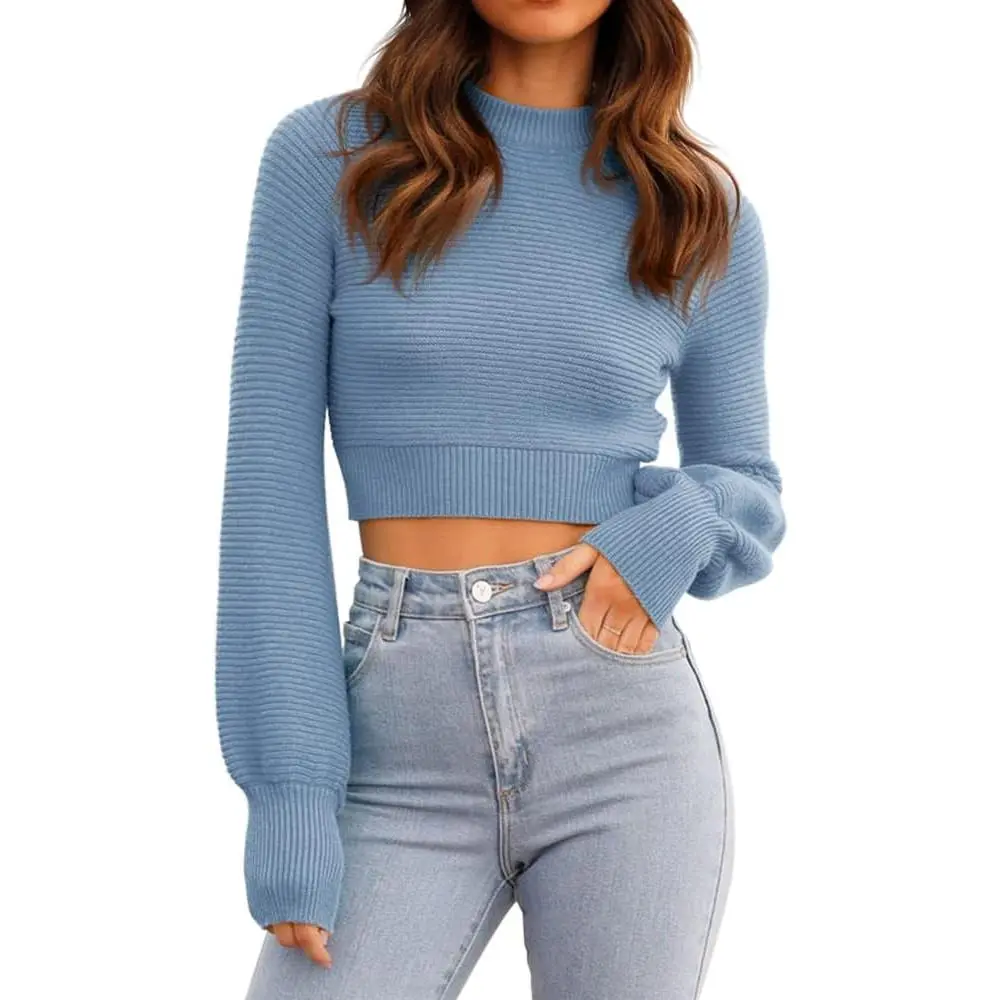 Saodimallsu Women's Minimalist Longsleeves Sweater, Basic Casual Ribbed Knit Crew Neck Fitted Cropped Pullover Top, Crop Tops, Knitwear, Sweaters, Nylon, Ribbed Texture, Round Neck