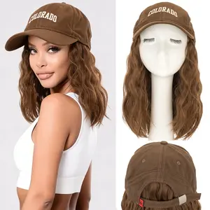 8inch Brown Hat Wigs Bob Hair With Baseball Cap Synthetic Short Wave Curly Hair Extensions Soft Hair For Women