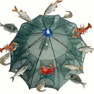 1pc Hexagonal Fish Trap with 6-Hole Design - Durable Nylon Mesh for Shrimp, Crabs, and Fish | Green Hexagon Pattern with Blue Handle | Portable Outdoor Fishing Gear | Functional Fishing Equipment, Fish Traps for Fishing