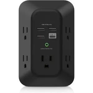 USB Wall Charger Surge Protector -  5 Outlet Extender with 4 USB  Ports (1 USB C), 3-Sided 1800J Power Strip Multi Plug Outlets Adapter Widely Spaced,Black