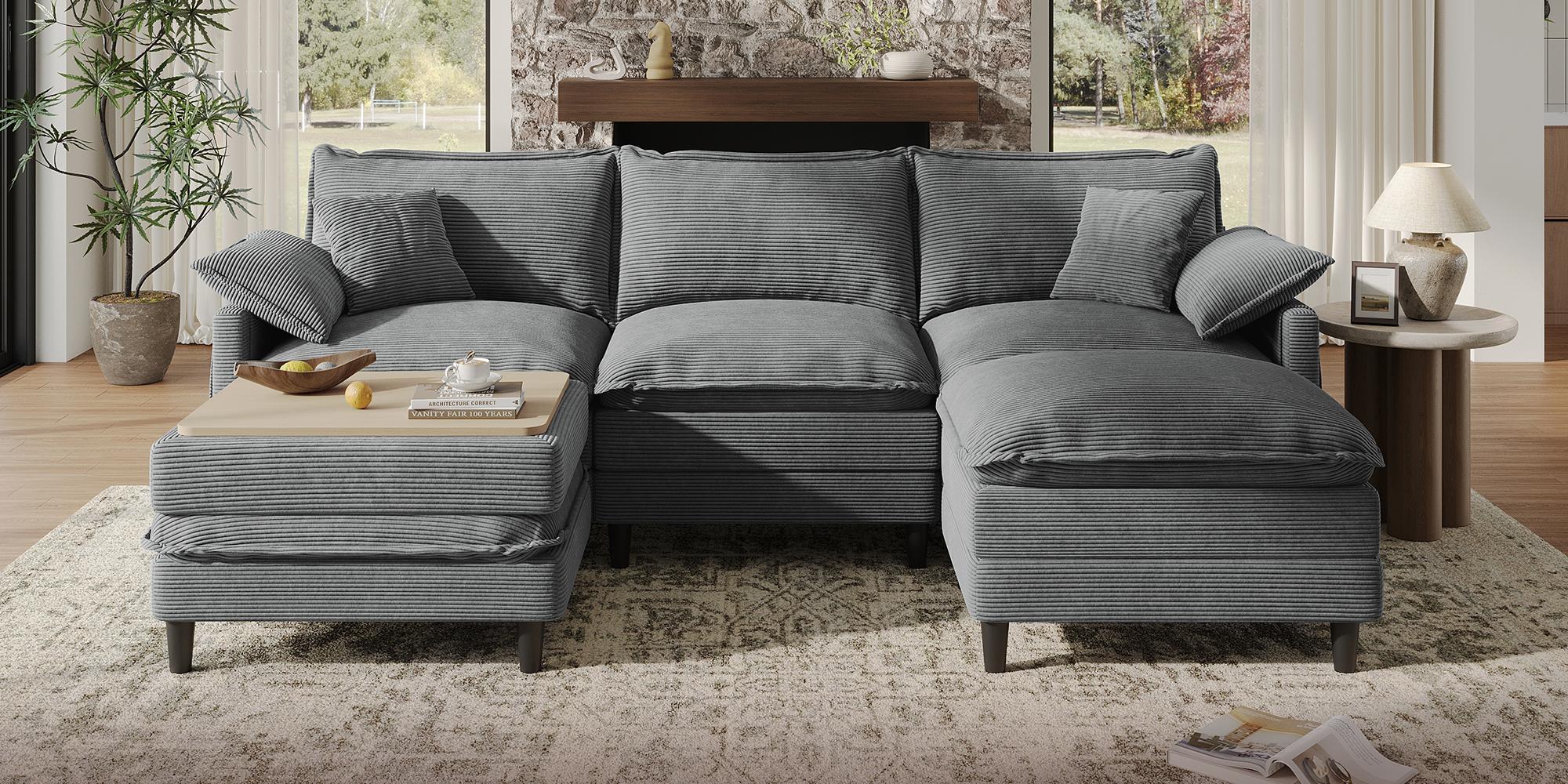 [2-3 Packages Shipping] Copiae 108" -143.7” L/U-Shaped Modular Cloud Sofa, Movable Dual-Function Ottomans Convertible to Coffee Table, Corduroy Sectional Couch with Three-Layer High-Resilience Foam Cushions, Easy Assembly for Apartment